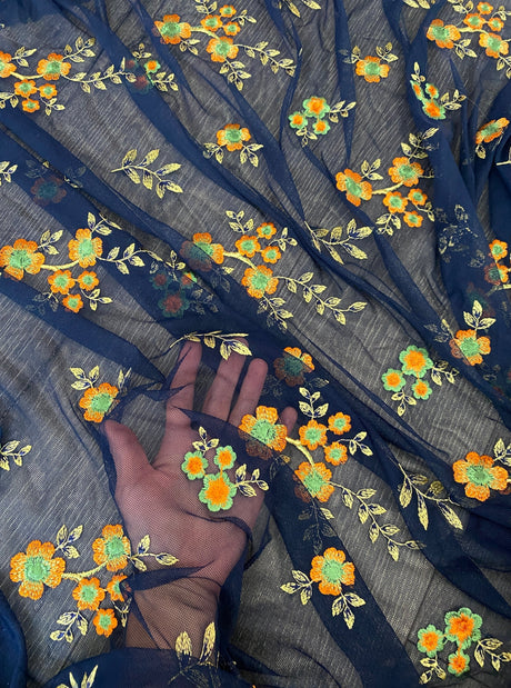 Floral Power Mesh Navy Orange