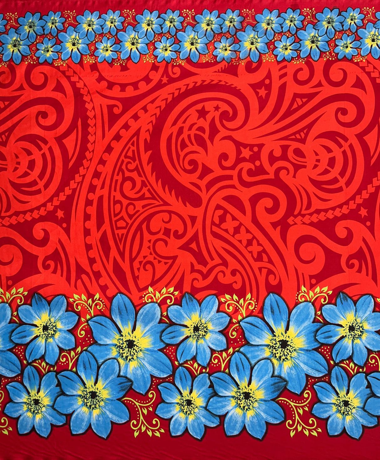 Traditional Polynesian Tattoo Daisy Double Border Polyester Fabric - Purple, Gray, Red, Royal, Green, Fuchsia, 44/45" Width, Double Border (1 Yard)