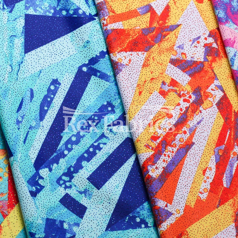 Geo Pop Foil Polyester Spandex Fabric - Multi-Color Geometric Foil, 58/60" Width, 240 GSM, 4-Way Stretch Tricot (1 Yard)