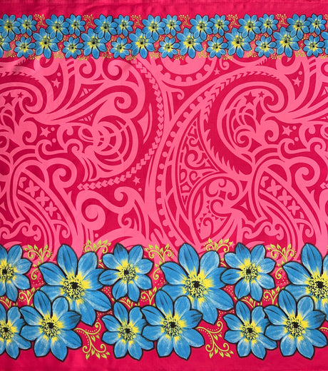 Traditional Polynesian Tattoo Daisy Double Border Polyester Fabric - Purple, Gray, Red, Royal, Green, Fuchsia, 44/45" Width, Double Border (1 Yard)