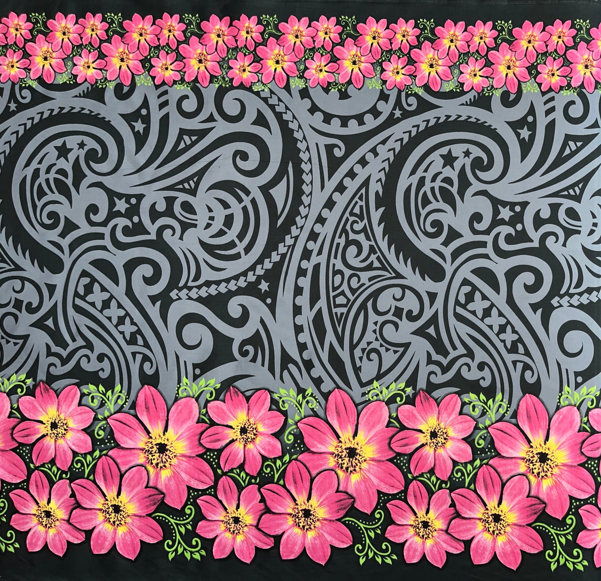 Traditional Polynesian Tattoo Daisy Double Border Polyester Fabric - Purple, Gray, Red, Royal, Green, Fuchsia, 44/45" Width, Double Border (1 Yard)