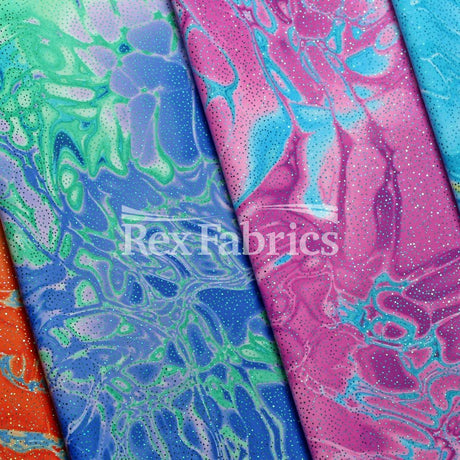 Vapor Wave With Foil Poly Spandex Fabric - Sparkly Marble Print, Teal, Fuchsia, Purple Green, Orange, 58/60" Width (1 Yard)