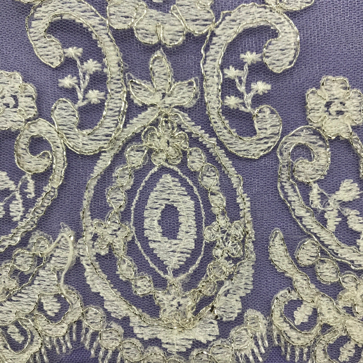 Embroidered Lace Trim White Silver