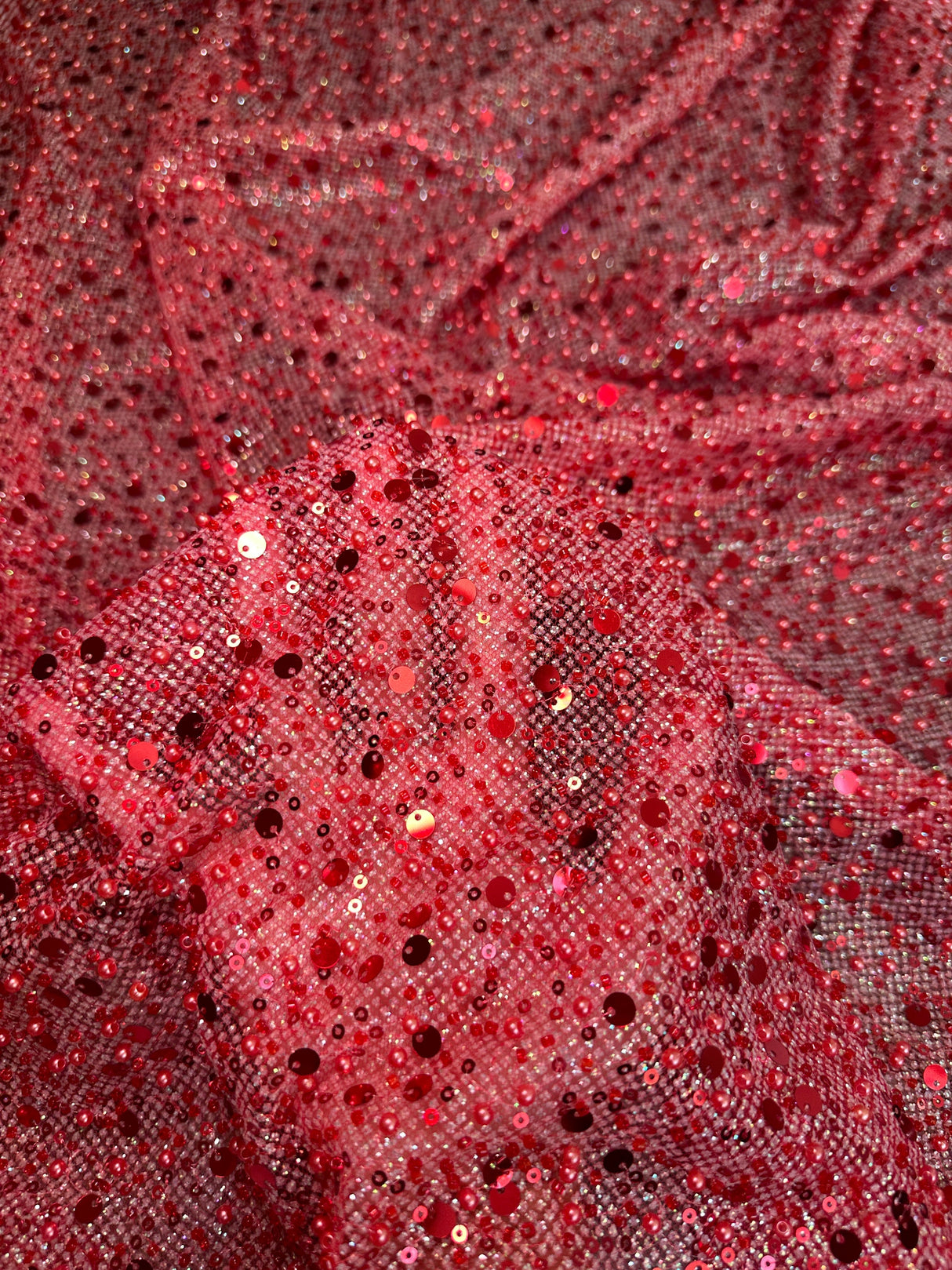Red Sequin Pearl Beaded Mesh