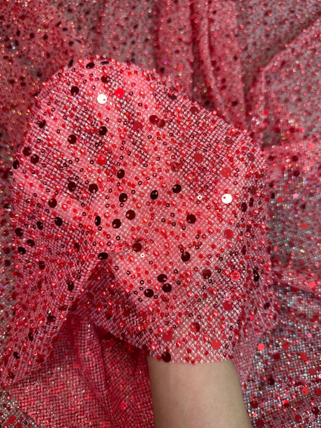 Red Sequin Pearl Beaded Mesh