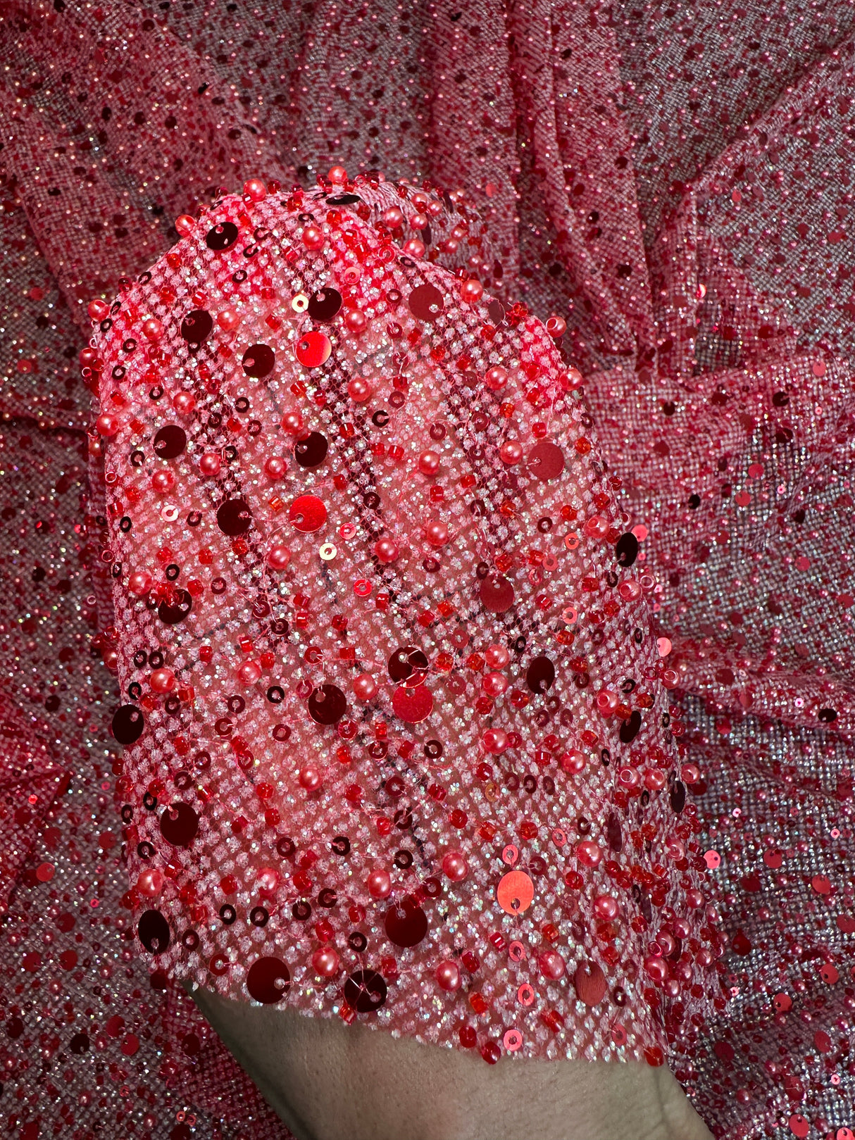 Red Sequin Pearl Beaded Mesh