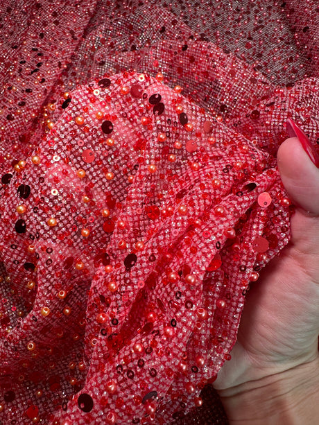 Red Sequin Pearl Beaded Mesh