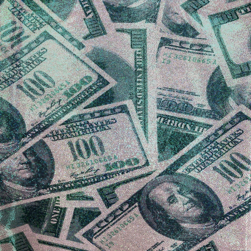 Hologram Mystique Money Print Polyester Nylon Spandex Fabric - Money Print, 60" Width (1 Yard)