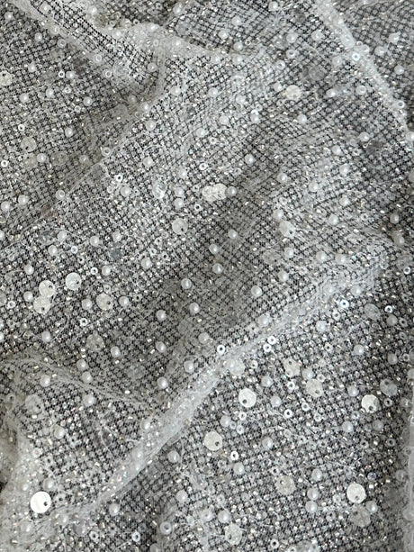 Stretch Sequin Pearl Beaded Mesh Off White