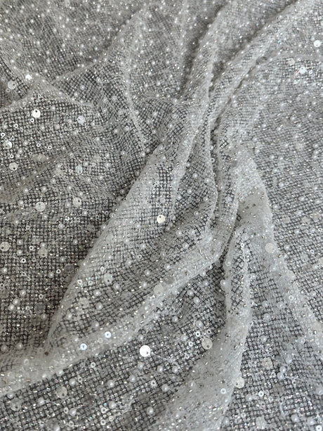 Stretch Sequin Pearl Beaded Mesh Off White