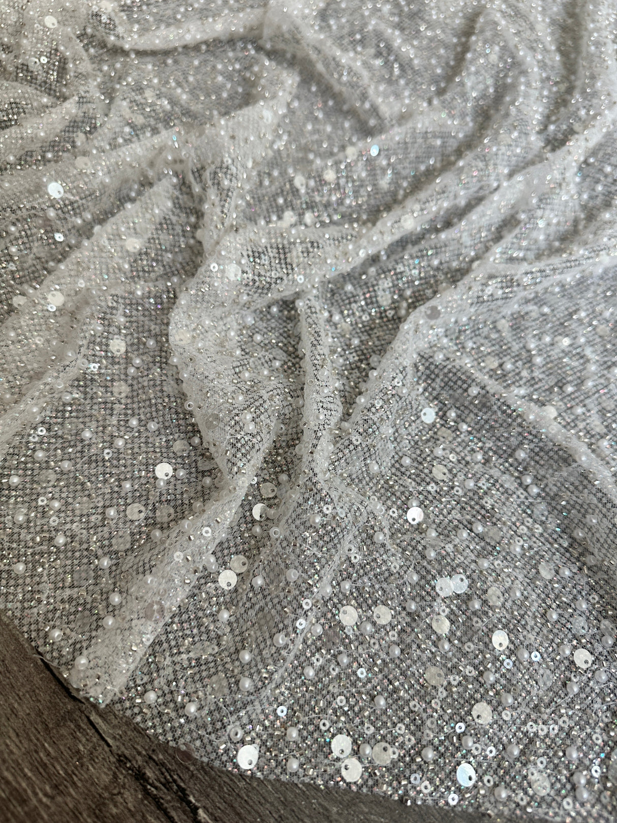Stretch Sequin Pearl Beaded Mesh Off White