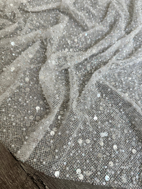 Stretch Sequin Pearl Beaded Mesh Off White