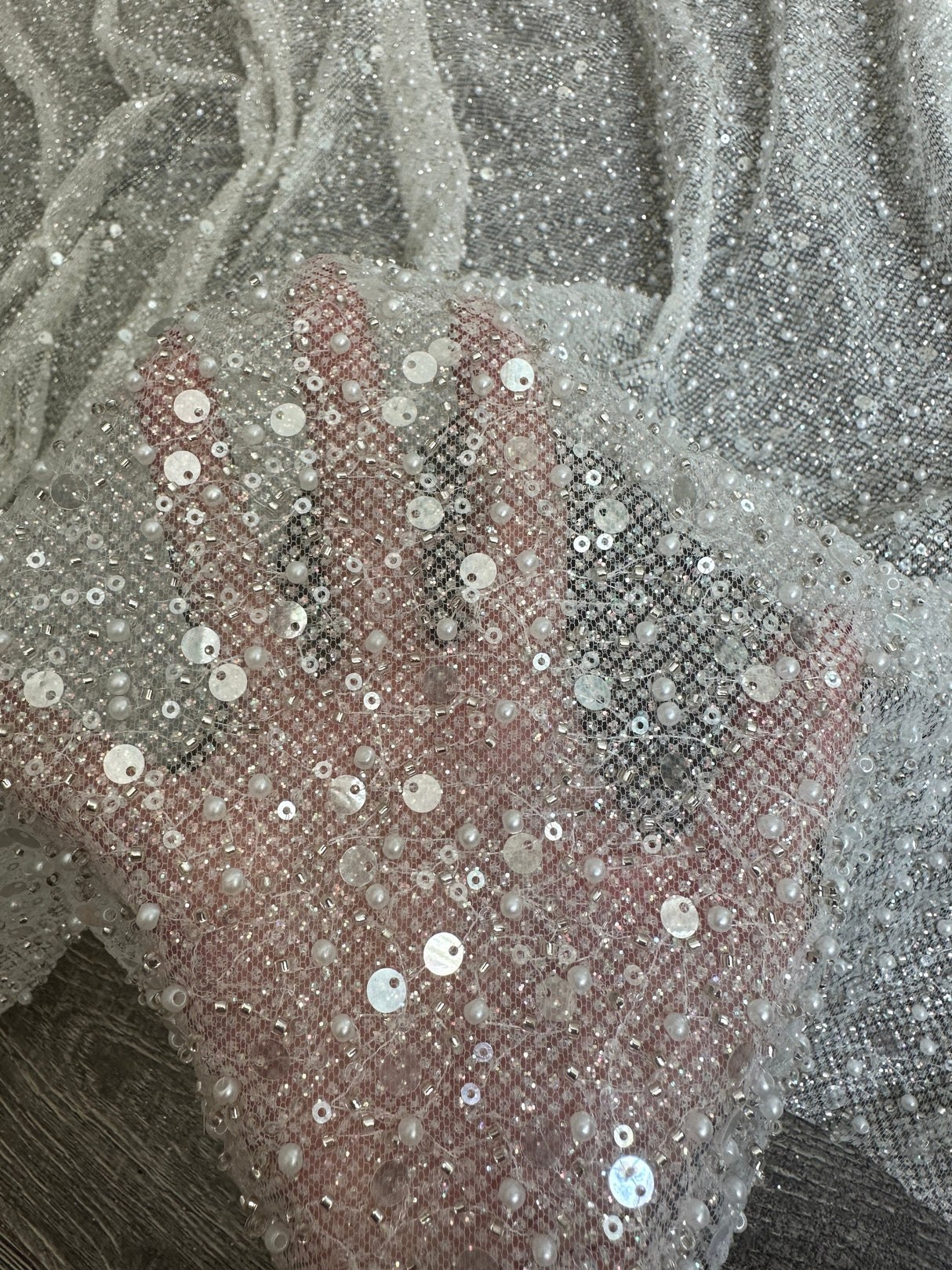 Stretch Sequin Pearl Beaded Mesh Off White