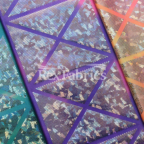 Laser Tag Holo Nylon Spandex Fabric - Mosaic Hologram, Tie Dye Multi, Purple Pink, Pink Orange, 58/60" Width (1 Yard)