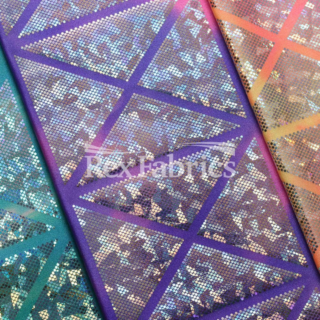 Laser Tag Holo Nylon Spandex Fabric - Mosaic Hologram, Tie Dye Multi, Purple Pink, Pink Orange, 58/60" Width (1 Yard)