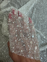 Stretch Sequin Pearl Beaded Mesh Off White