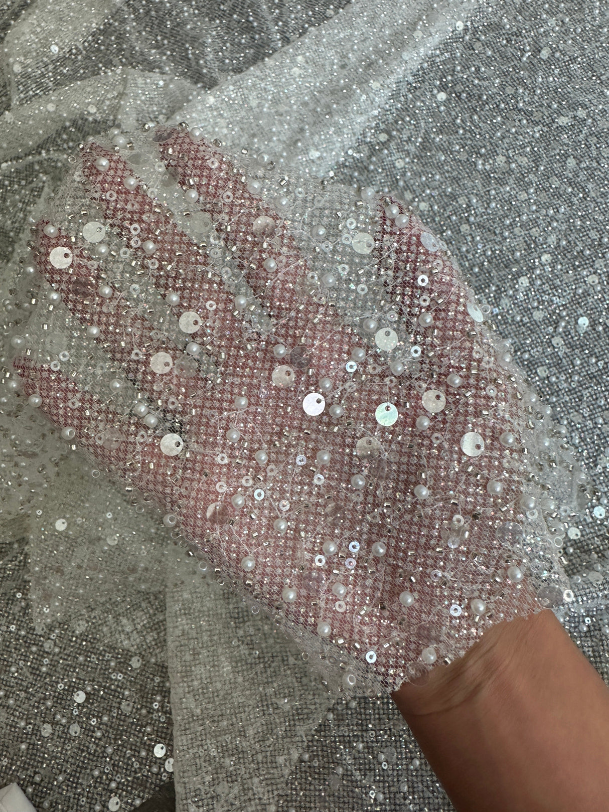 Stretch Sequin Pearl Beaded Mesh Off White