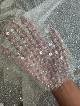 Stretch Sequin Pearl Beaded Mesh Off White