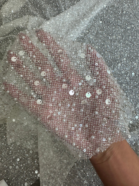 Stretch Sequin Pearl Beaded Mesh Off White