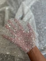 Stretch Sequin Pearl Beaded Mesh Off White