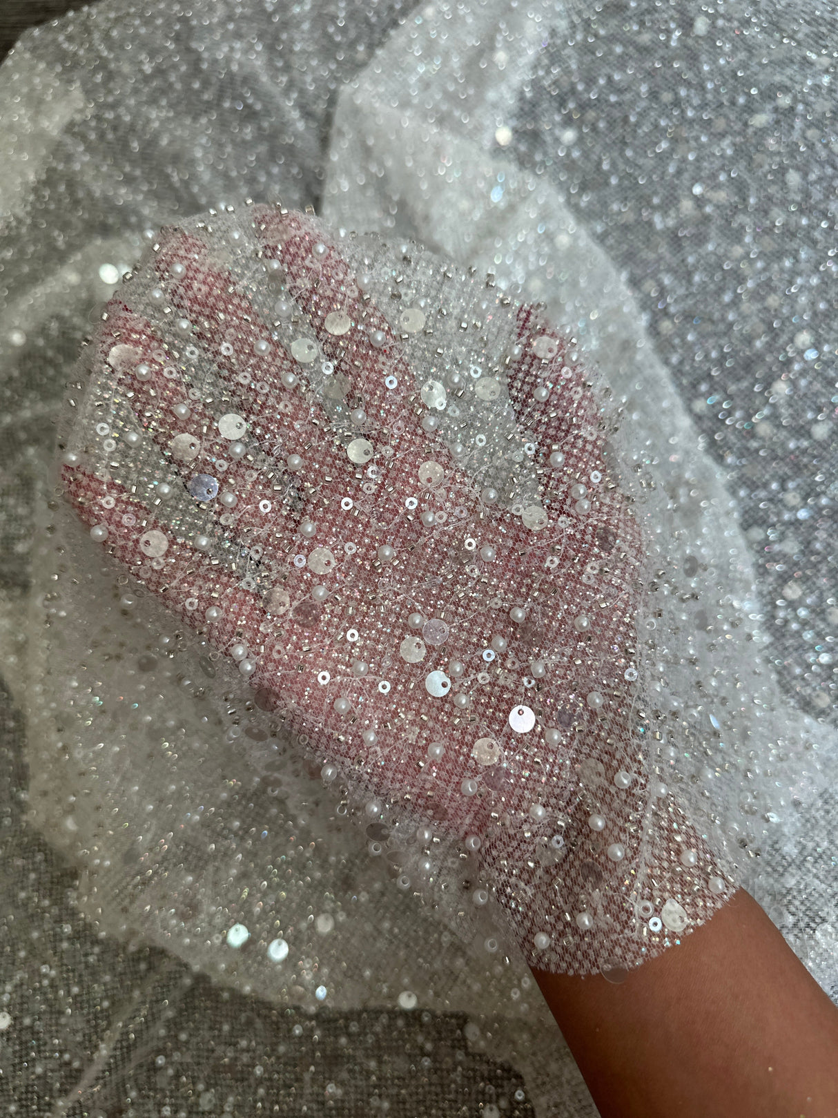 Stretch Sequin Pearl Beaded Mesh Off White