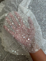Stretch Sequin Pearl Beaded Mesh Off White