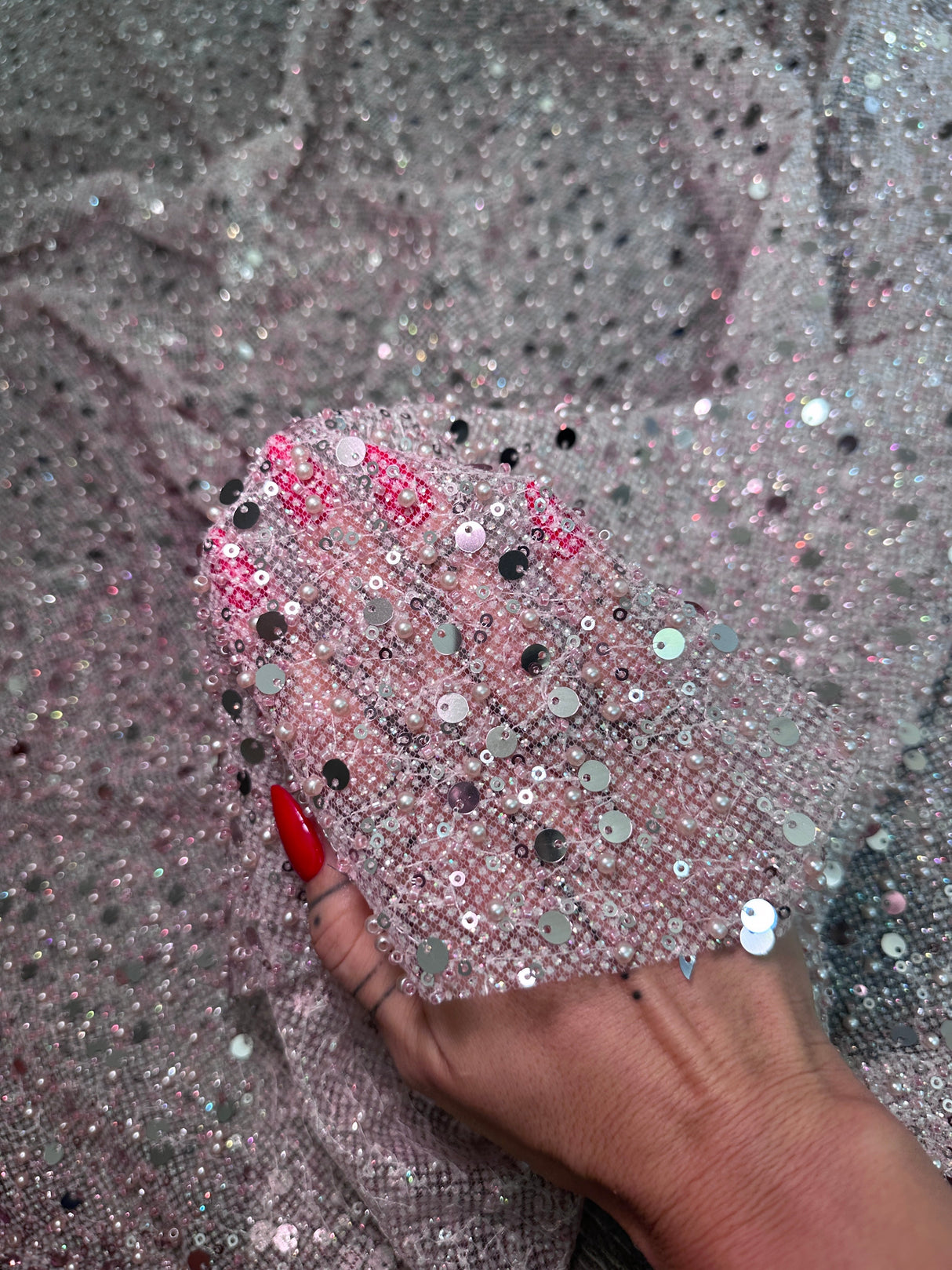 Stretch Sequin Pearl Beaded Mesh Mauve