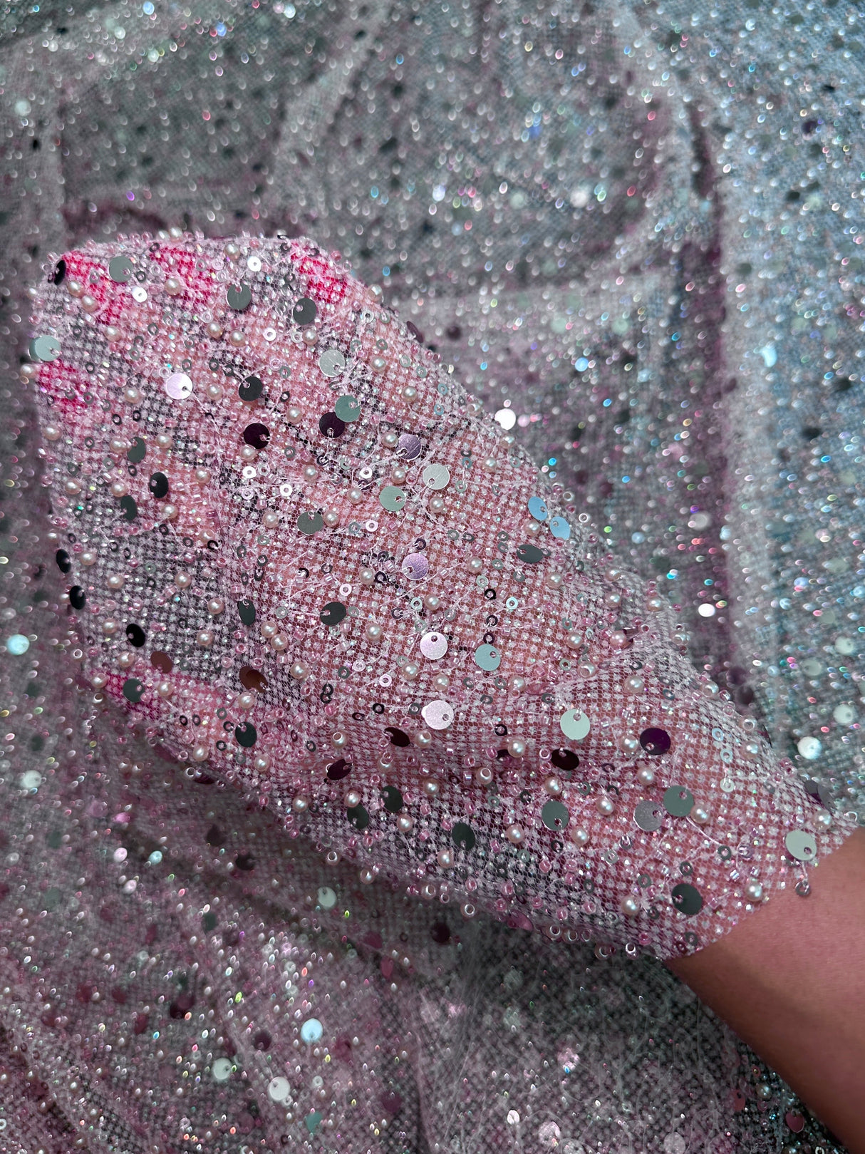 Stretch Sequin Pearl Beaded Mesh Mauve