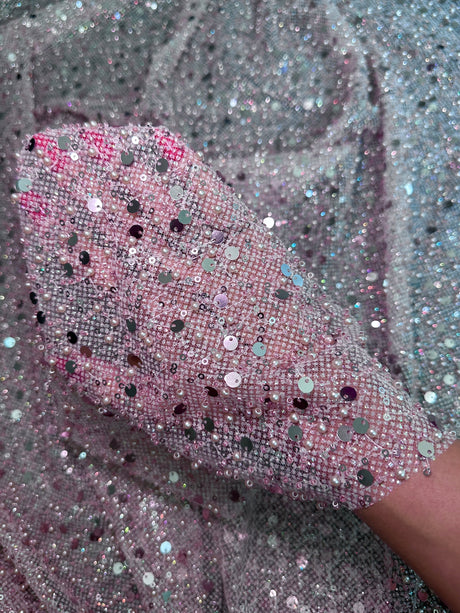 Stretch Sequin Pearl Beaded Mesh Mauve