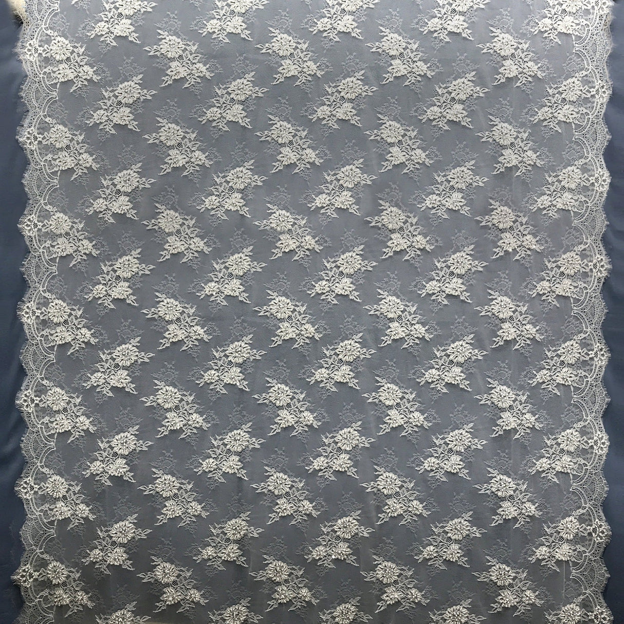 Beaded Chantilly Embroidered Lace Fabric - Eyelash Scallop, Ivory/Off White, 58" Width (3 Yards)