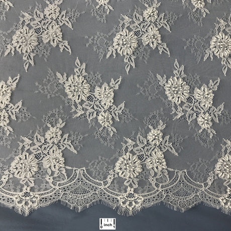 Beaded Chantilly Embroidered Lace Fabric - Eyelash Scallop, Ivory/Off White, 58" Width (3 Yards)