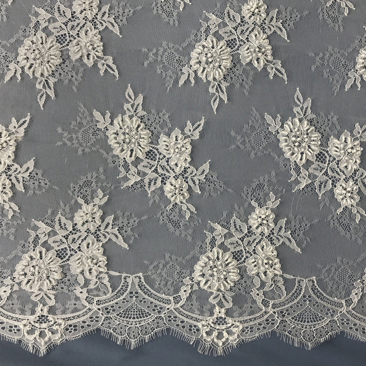 Beaded Chantilly Embroidered Lace Fabric - Eyelash Scallop, Ivory/Off White, 58" Width (3 Yards)