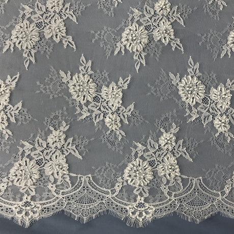 Beaded Chantilly Embroidered Lace Fabric - Eyelash Scallop, Ivory/Off White, 58" Width (3 Yards)