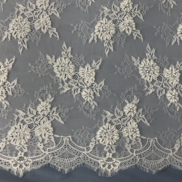 Beaded Chantilly Embroidered Lace Fabric - Eyelash Scallop, Ivory/Off White, 58" Width (3 Yards)