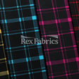 Perfect Plaid Nylon Spandex Fabric - Tartan Plaid Print, Multiple Colors On Black, 58/60" Width, 200 GSM, 4-Way Stretch (1 Yard)