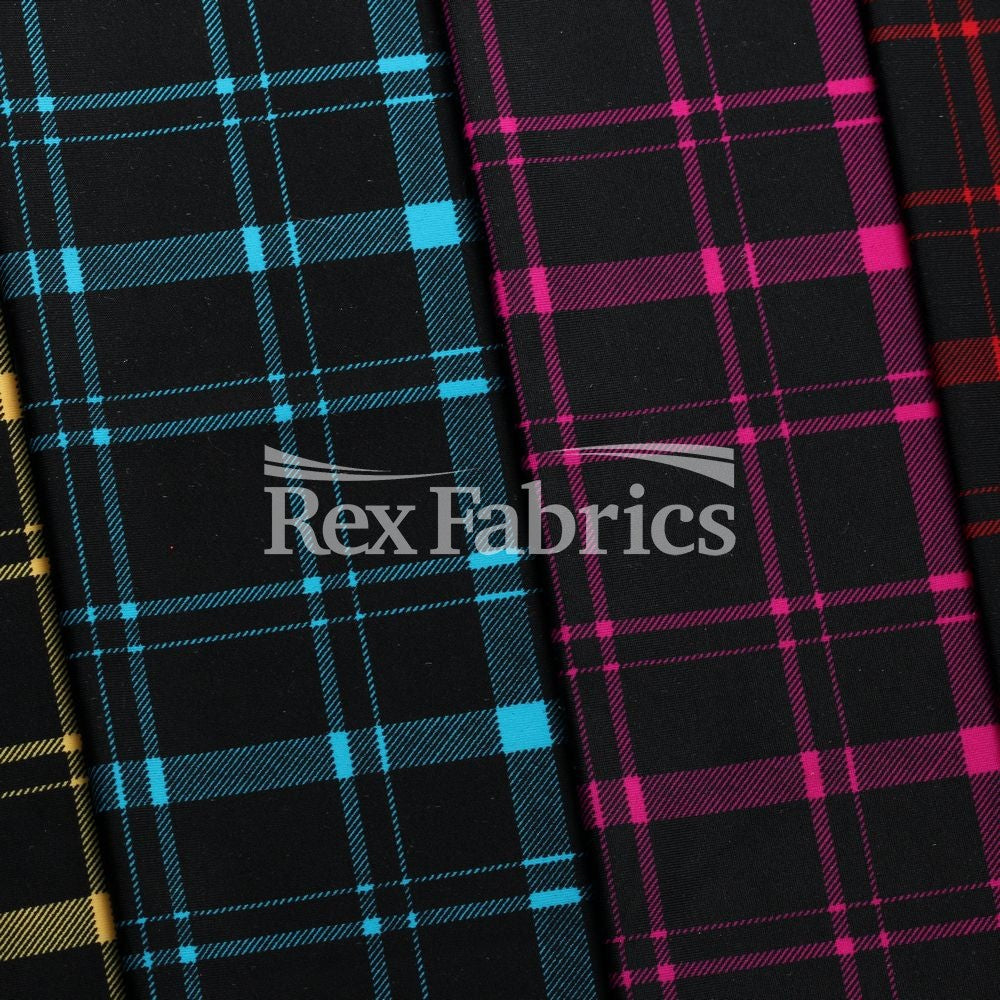 Perfect Plaid Nylon Spandex Fabric - Tartan Plaid Print, Multiple Colors On Black, 58/60" Width, 200 GSM, 4-Way Stretch (1 Yard)