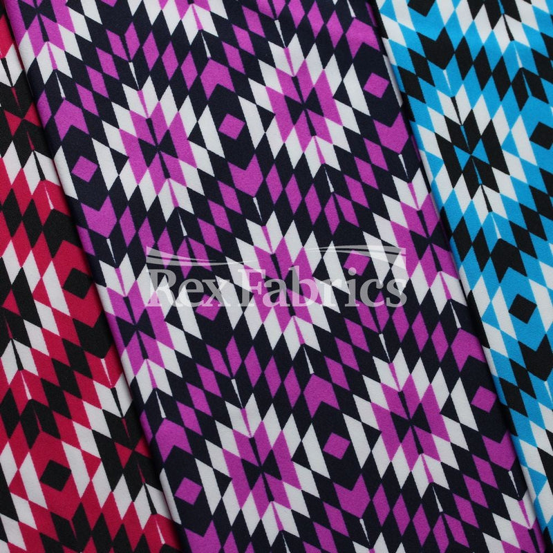 Krystal Nylon Spandex Fabric - 4-Way Stretch, Geometric Diamond Print, Midnight Gypsy/Black Turquoise/Raspberry Black, 58/60" Width (1 Yard)