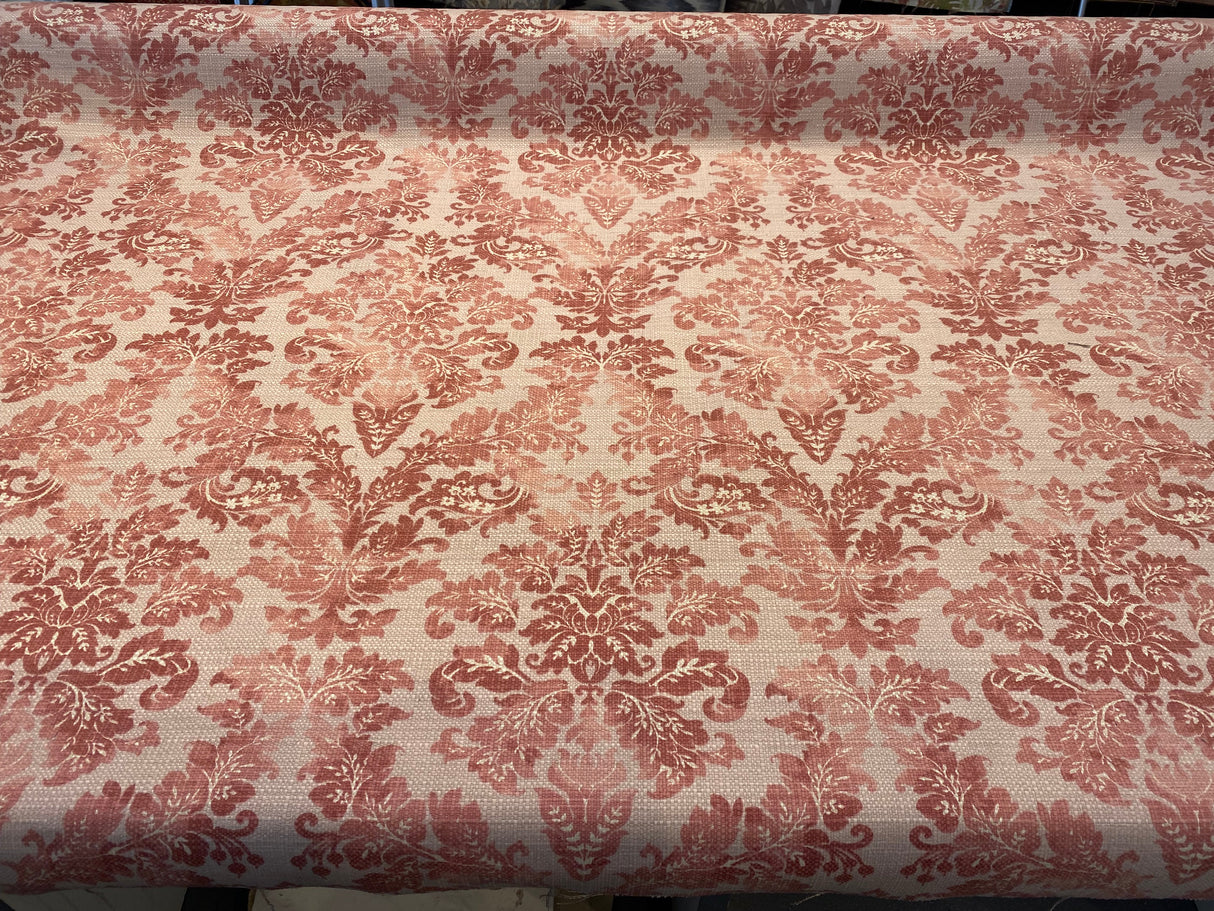 Salmon Pink Floral Damask Canvas Upholstery Fabric - 56" Width, 100 Percent Cotton, Teflon Finish (1 Yard)
