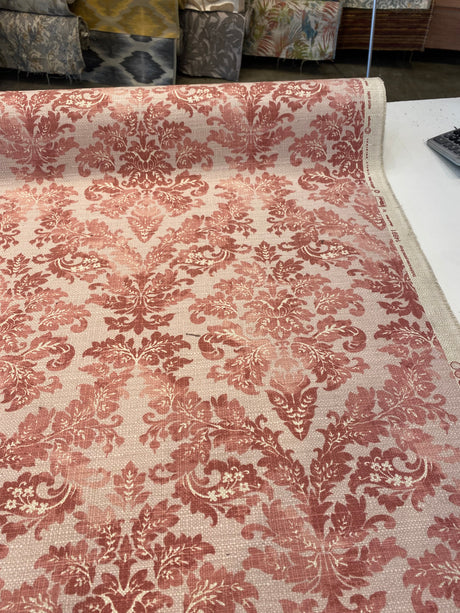 Salmon Pink Floral Damask Canvas Upholstery Fabric - 56" Width, 100 Percent Cotton, Teflon Finish (1 Yard)
