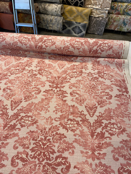 Salmon Pink Floral Damask Canvas Upholstery Fabric - 56" Width, 100 Percent Cotton, Teflon Finish (1 Yard)