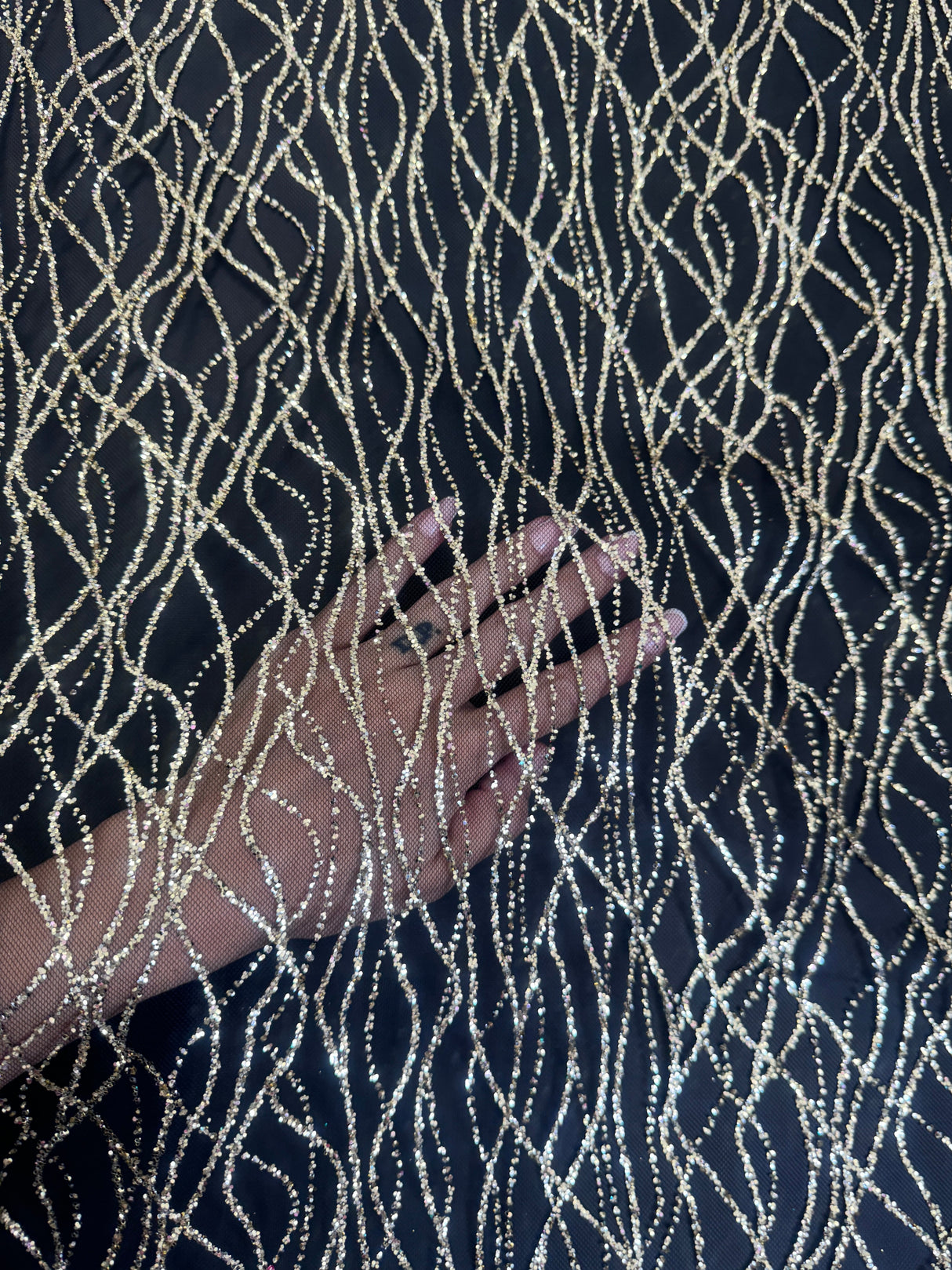 Gold Glitter Lace on Black Mesh