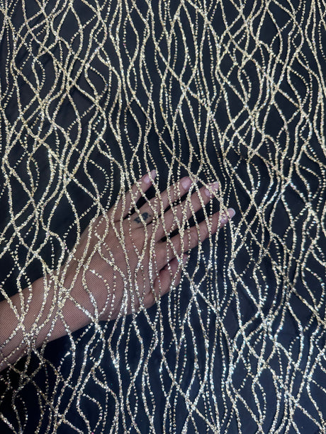 Gold Glitter Lace on Black Mesh