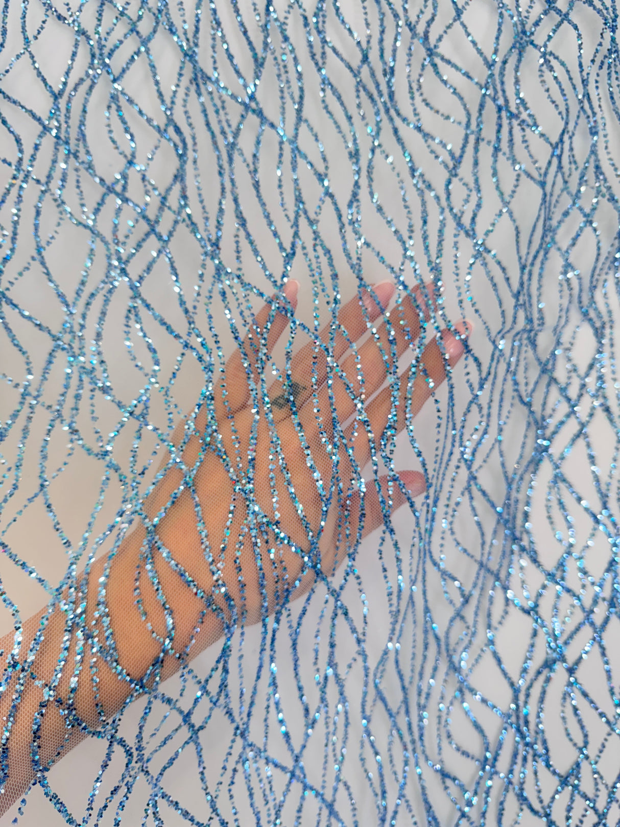 Glitter Lace on Mesh Baby Blue