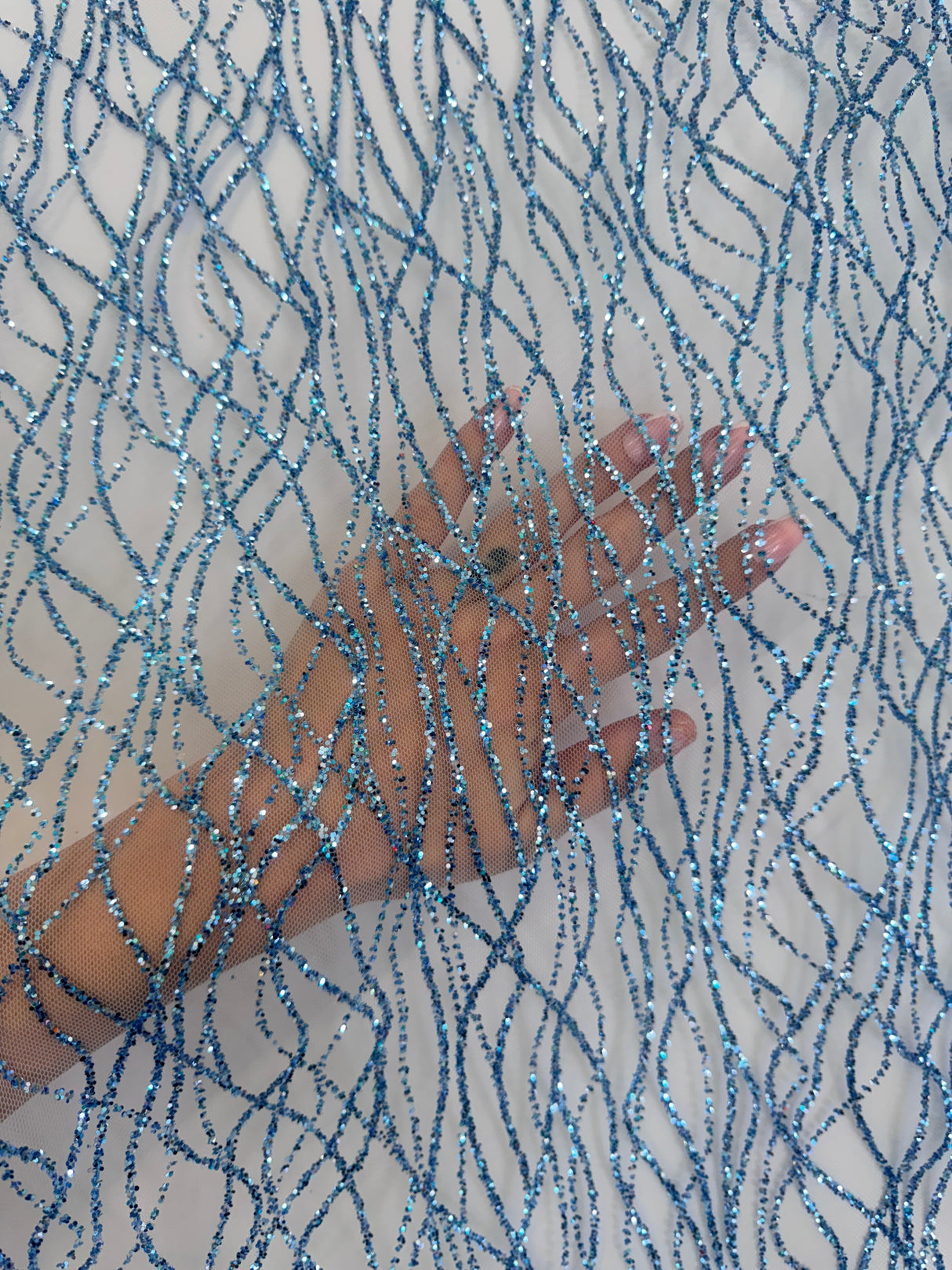 Glitter Lace on Mesh Baby Blue