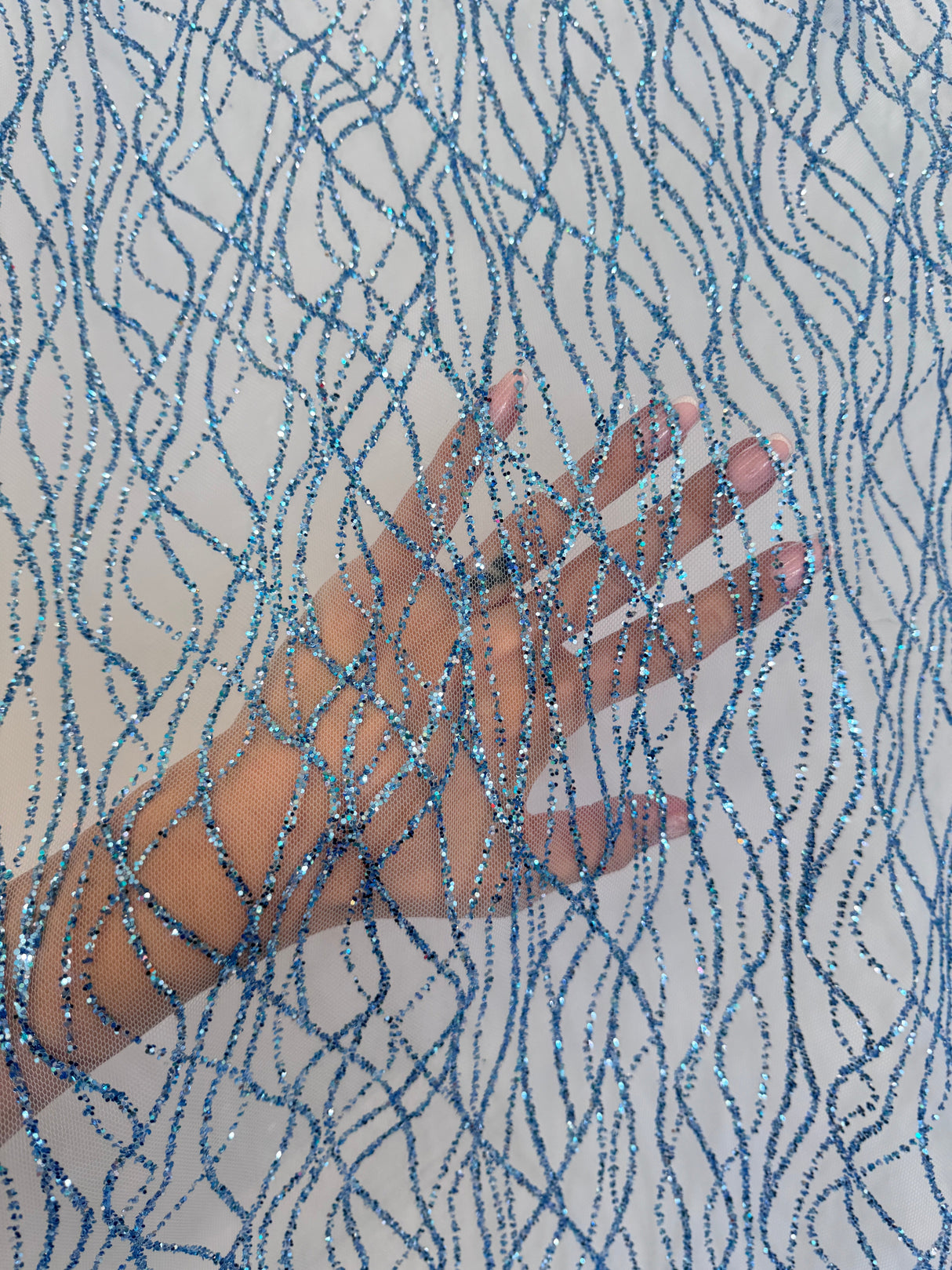 Glitter Lace on Mesh Baby Blue