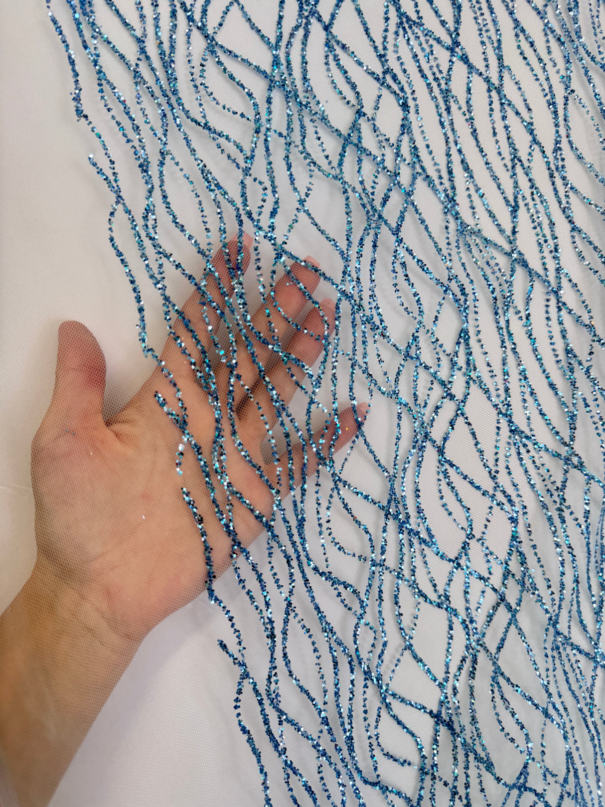 Glitter Lace on Mesh Baby Blue