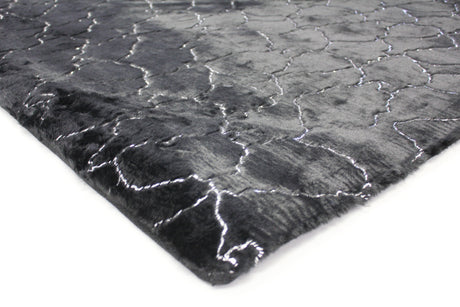 Black Marble With Silver Metallic Shimmery Design Faux Rabbit Touch Rug - Polyester Faux Fur Rug, Black Silver Marble, 7'6" X 10'3", 5' X 7' (1 Piece)