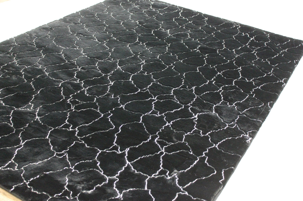 Black Marble With Silver Metallic Shimmery Design Faux Rabbit Touch Rug - Polyester Faux Fur Rug, Black Silver Marble, 7'6" X 10'3", 5' X 7' (1 Piece)