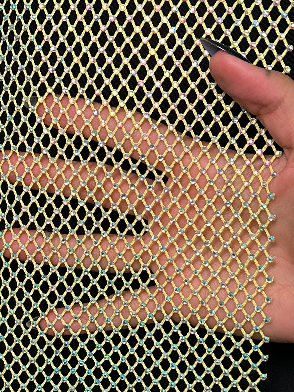 Yellow Rhinestone Diamond Fishnet Mesh