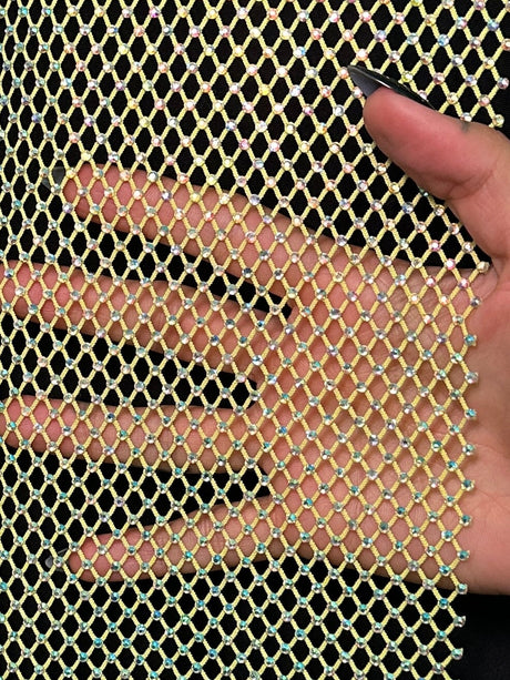 Yellow Rhinestone Diamond Fishnet Mesh